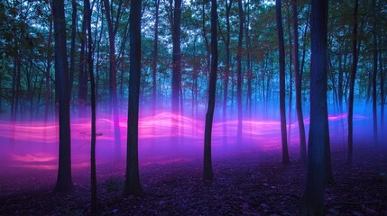 Fototapeta premium A vibrant mist fills a tranquil wooded area at dusk, illuminating the trees with shades of purple, blue, and pink. The ethereal glow adds a dreamlike quality to the natural landscape