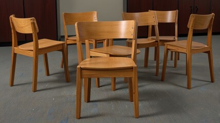 Six light wood chairs arranged in office