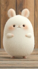 Adorable fluffy bunny character with endearing big eyes on wooden surface
