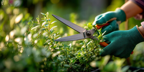Obraz premium Gardener trimming leafy bush with shears in a green backyard garden