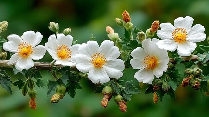 Fototapeta premium White Flowers Blooming on Branch Green Background Natural Light Photography