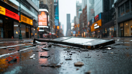 Hurricane damaged billboard lying across wet NYC street, revealing destructive wind and water damage aftermath
