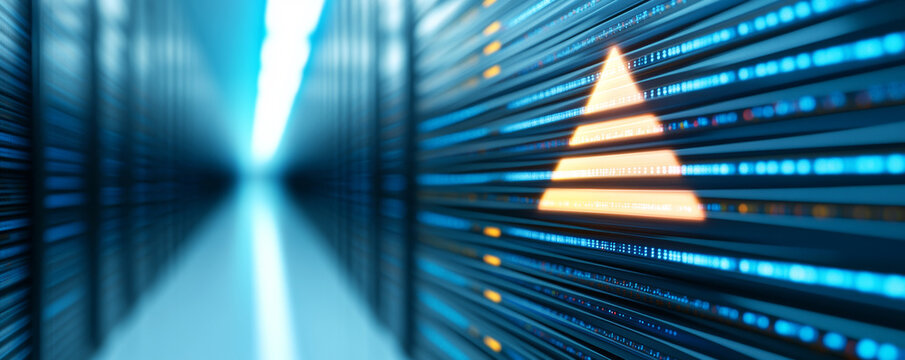 Server racks with glowing pyramid icon in a modern data center, symbolizing growth and hierarchy in digital information management