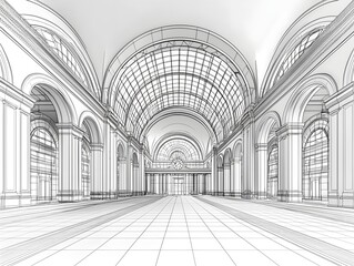 Naklejka premium Minimalist line art of a geometric railway station interior