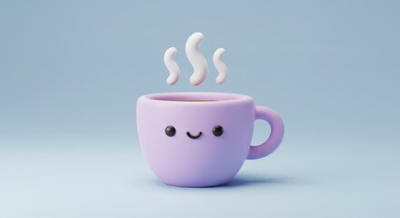 Cute kawaii purple coffee mug with steam on blue background