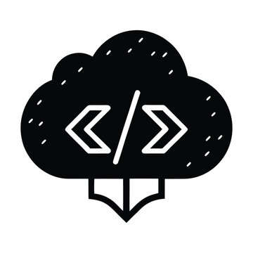 Cloud with code brackets as outline on white background.
