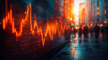 Urban Street Scene with Financial Data Visualization at Sunset