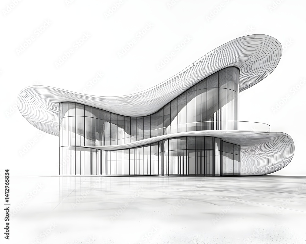 Poster sleek line art depiction of a high tech pavilion with curving overlapping roofs and clean structural