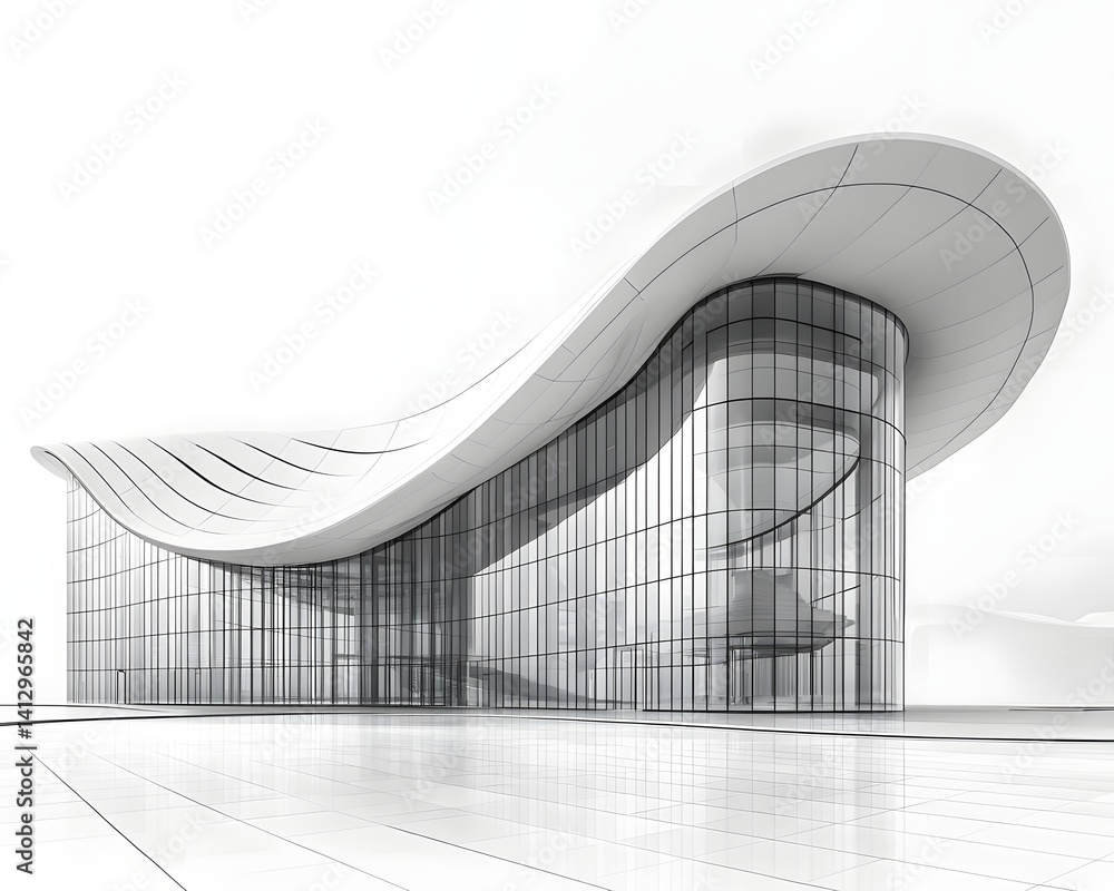 Poster a sleek line art depiction of a high tech pavilion with curving overlapping roofs and clean structur