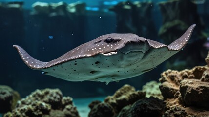 Fototapeta premium Spotted ray swimming aquarium, coral background, underwater life, ocean wildlife, stock photo