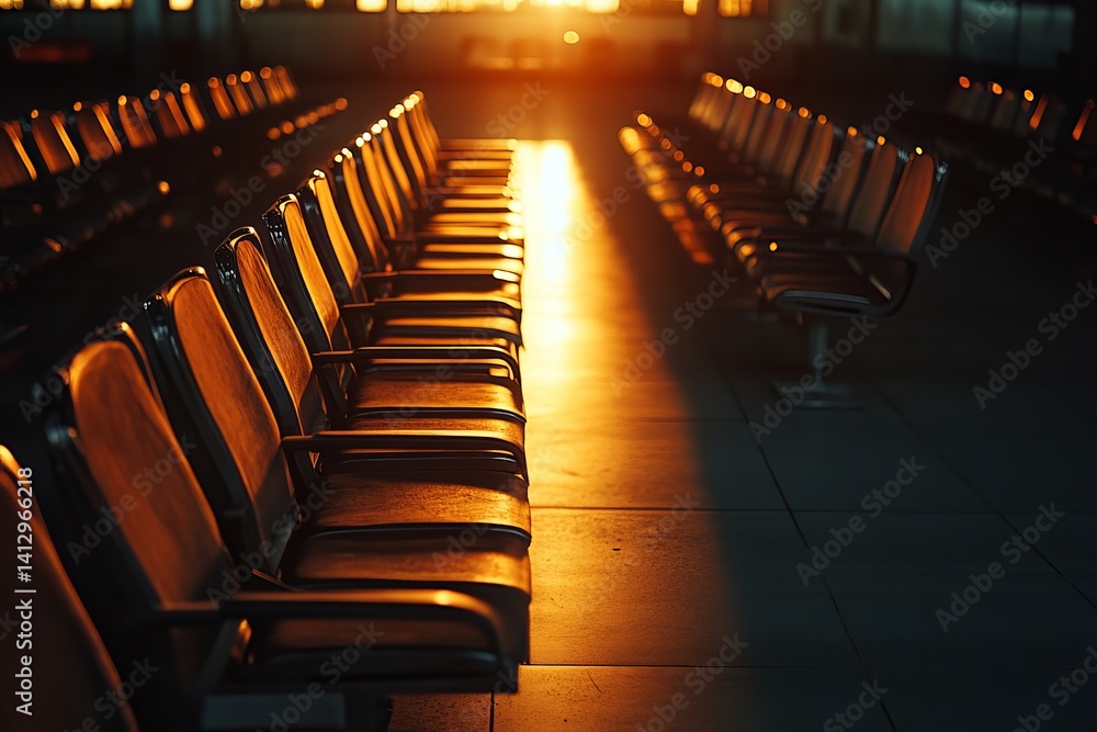 Poster rows of empty seats bathed in golden light creating a sense of anticipation and solitude in the spac