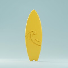 Minimalistic yellow surfboard design with stylized wave pattern on pastel background