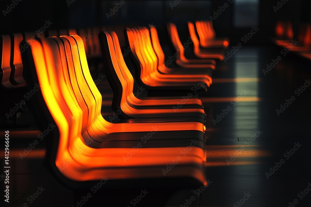 Poster illuminated orange benches in a row casting shadows in a dark and empty waiting area or train statio