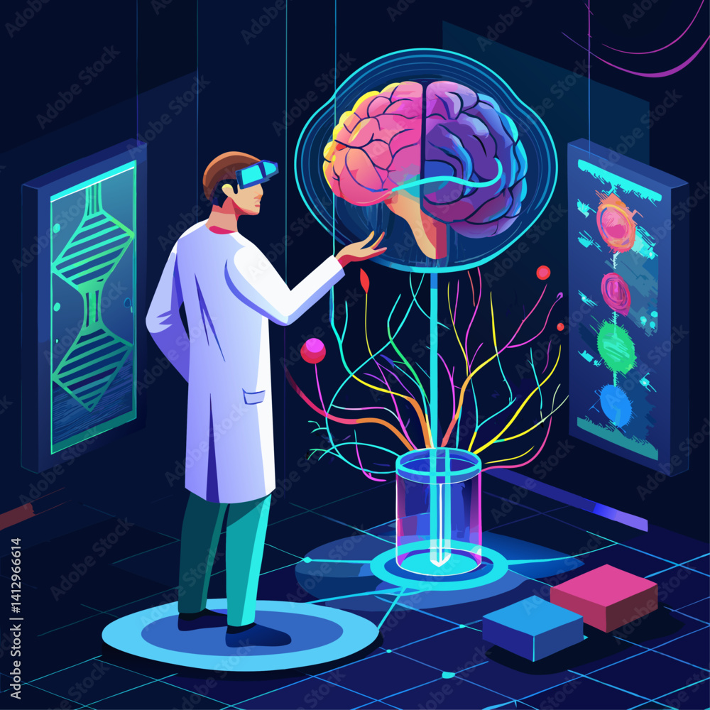 Poster a scientist in a white lab coat is standing in front of a brain model, pointing to it. the brain mod