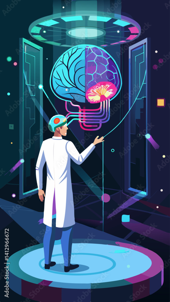Poster a scientist in a white lab coat is standing in front of a brain model, pointing to it. the brain mod