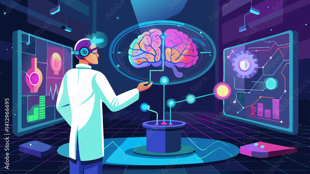 Poster a scientist in a white lab coat is standing in front of a brain model, pointing to it. the brain mod