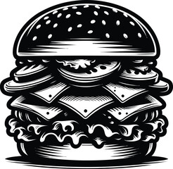 Striking black and white vector illustration of a burger silhouette.