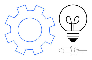Gear for efficiency, lightbulb for creativity, and rocket for progress and innovation. Ideal for technology, invention, engineering, startup, strategy growth industry. Flat simple metaphor