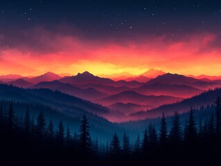 Obraz premium Epic Mountain Range Silhouette at Dusk: Vibrant Sky, Starry Night Above Pine Tree Forest in Deep Blue Hues, Painterly Landscape Scene