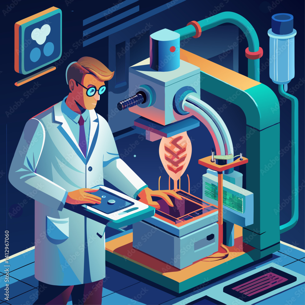 Poster a man in a lab coat is working on a machine with a man in a white lab coat standing behind him. conc