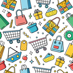 Colorful shopping pattern with bags, gifts, and carts