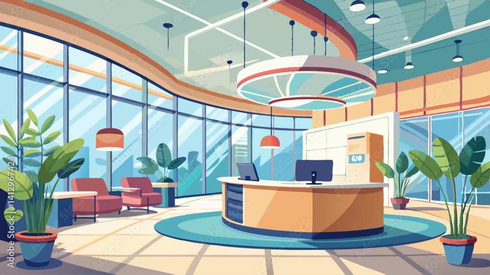 Poster a large open office space with a desk and a computer. the room is filled with plants and has a moder