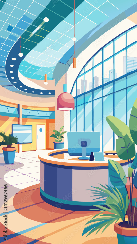 Poster a large open office space with a desk and a computer. the room is filled with plants and has a moder