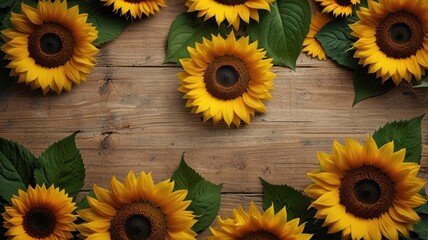 Sunflowers arranged on rustic wood, autumn background, greeting card