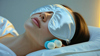 Woman Sleeping With Silk Eye Mask And Ear Plugs In Bed