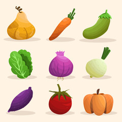 Set of cute and fun garden vegetable elements. Gourd, carrot, eggplant, lettuce, red onion, purple sweet potato, tomato, pumpkin. Vector illustration.
