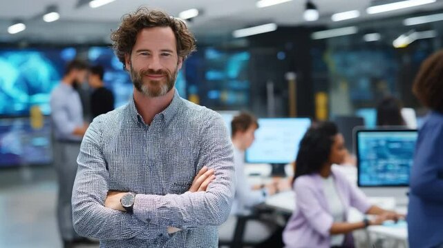 Confident Leader in Modern Office: A composed professional, arms crossed, exudes confidence amidst a bustling office environment, overseeing a team dedicated to tech innovation.