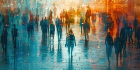 Obraz premium Visitors exploring an art gallery during sunset. Long exposure photography capturing motion blur. Cultural experience. People walking and looking at picture at art museum with blurring motion. AIG55.