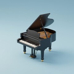 Elegant black grand piano on blue background for music and art themes