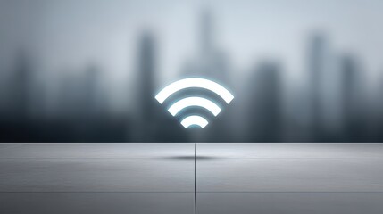 Wireless signal icon on a smooth surface with a blurred modern city skyline background representing connectivity and technology in an urban environment