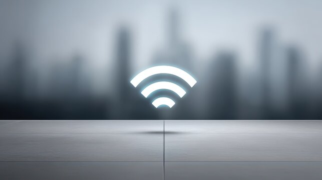 Wireless signal icon on a smooth surface with a blurred modern city skyline background representing connectivity and technology in an urban environment