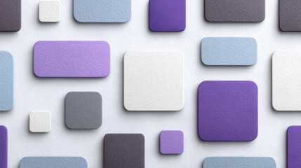Abstract geometric pattern with various colored square and rectangular tiles in shades of purple gray and light blue on a white background