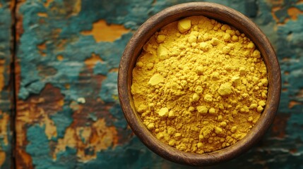 Turmeric powder in wooden bowl on rustic table
