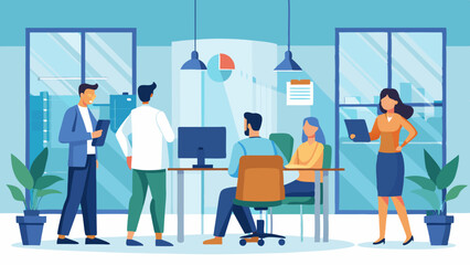 A group of people are in a room, some are sitting and some are standing. There are two potted plants in the room. Scene is professional and collaborative