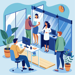 A group of people are in a room, some are sitting and some are standing. There are two potted plants in the room. Scene is professional and collaborative