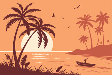 34 Tropical sunset, beach silhouette, palm trees, orange sky, calm ocean, small boat, flying birds, vibrant colors, minimalist style, vector art, peaceful atmosphere, warm tones, serene landscape, ref