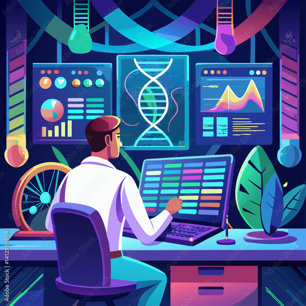 Poster a man in a white lab coat is sitting at a desk with a computer monitor in front of him. he is workin