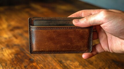 Man holding brown leather wallet with credit card on wooden table