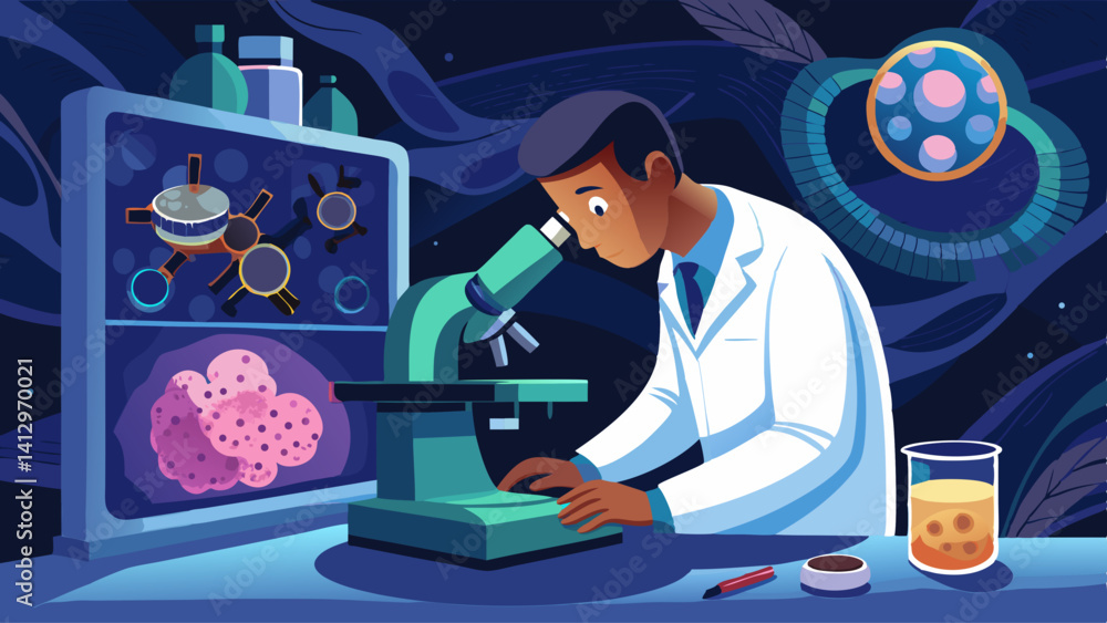 Poster a man in a lab coat is writing on a piece of paper while looking at a microscope. concept of scienti