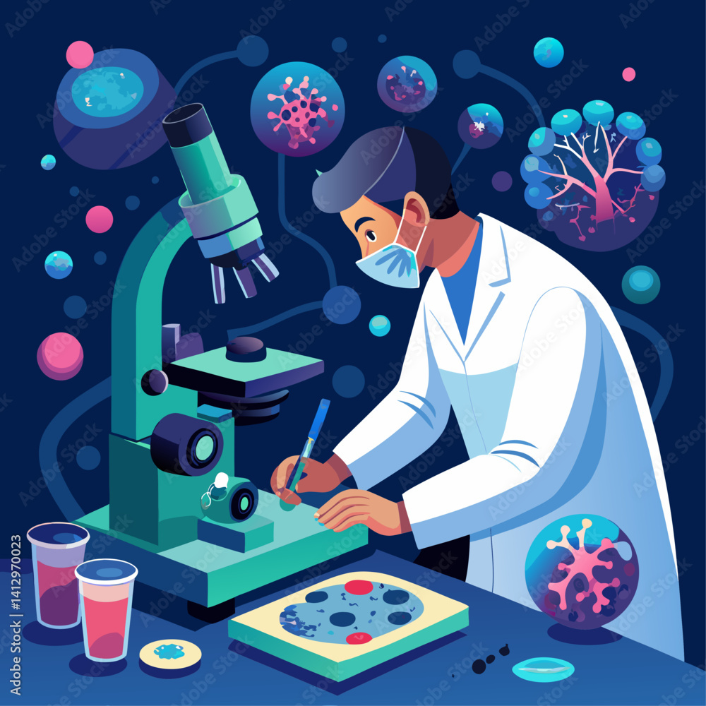 Poster a man in a lab coat is writing on a piece of paper while looking at a microscope. concept of scienti