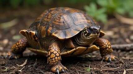 Obraz premium Tortoise walking on forest floor, nature background, wildlife photography