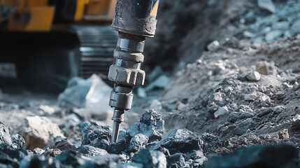 Iron ore miner working with a pneumatic drill at a mining site. Featuring drilling and rock extraction