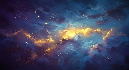 Obraz premium Celestial Canvas: Starry Sky Shimmers with Golden Dust, Artistic Nightscape Radiates Warmth Amidst Deep Blues, A Mesmerizing Dreamscape for Cosmic Contemplation and Wonder.