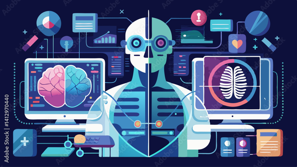 Poster a man is shown on a computer screen with two monitors, one of which is a brain. the image is a repre