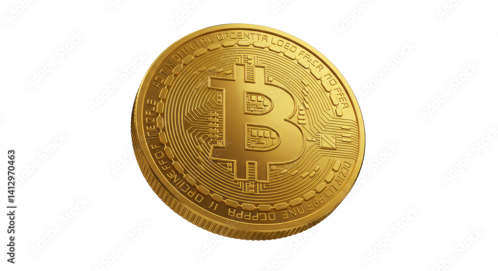 Poster isolated golden bitcoin coin with intricate circuit design on a black background view from side