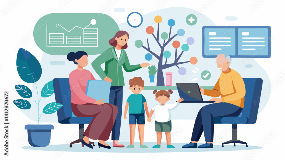 Poster a group of people are sitting around a table with a tree in the middle. the people are working toget